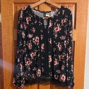 White House Black Market Black and Pink Floral Blouse